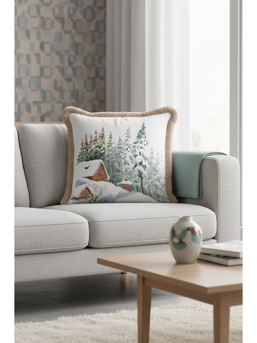 Karışık Kış Manzaralı Saçaklı Yastık Kılıfı - Doğal Kar Temalı Rustik Bej Püsküllü Kırlent Kılıfı-1