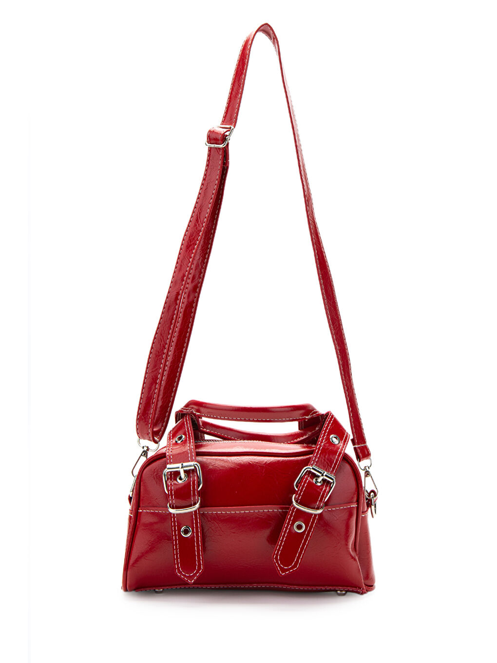 Çift Kemer Tokalı Ojos Kırmızı Suni Deri Kadın Çapraz Çanta-1