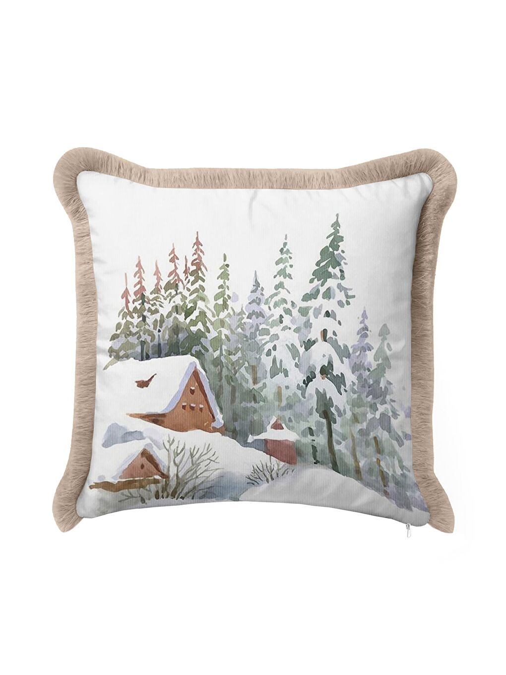 Karışık Kış Manzaralı Saçaklı Yastık Kılıfı - Doğal Kar Temalı Rustik Bej Püsküllü Kırlent Kılıfı-2