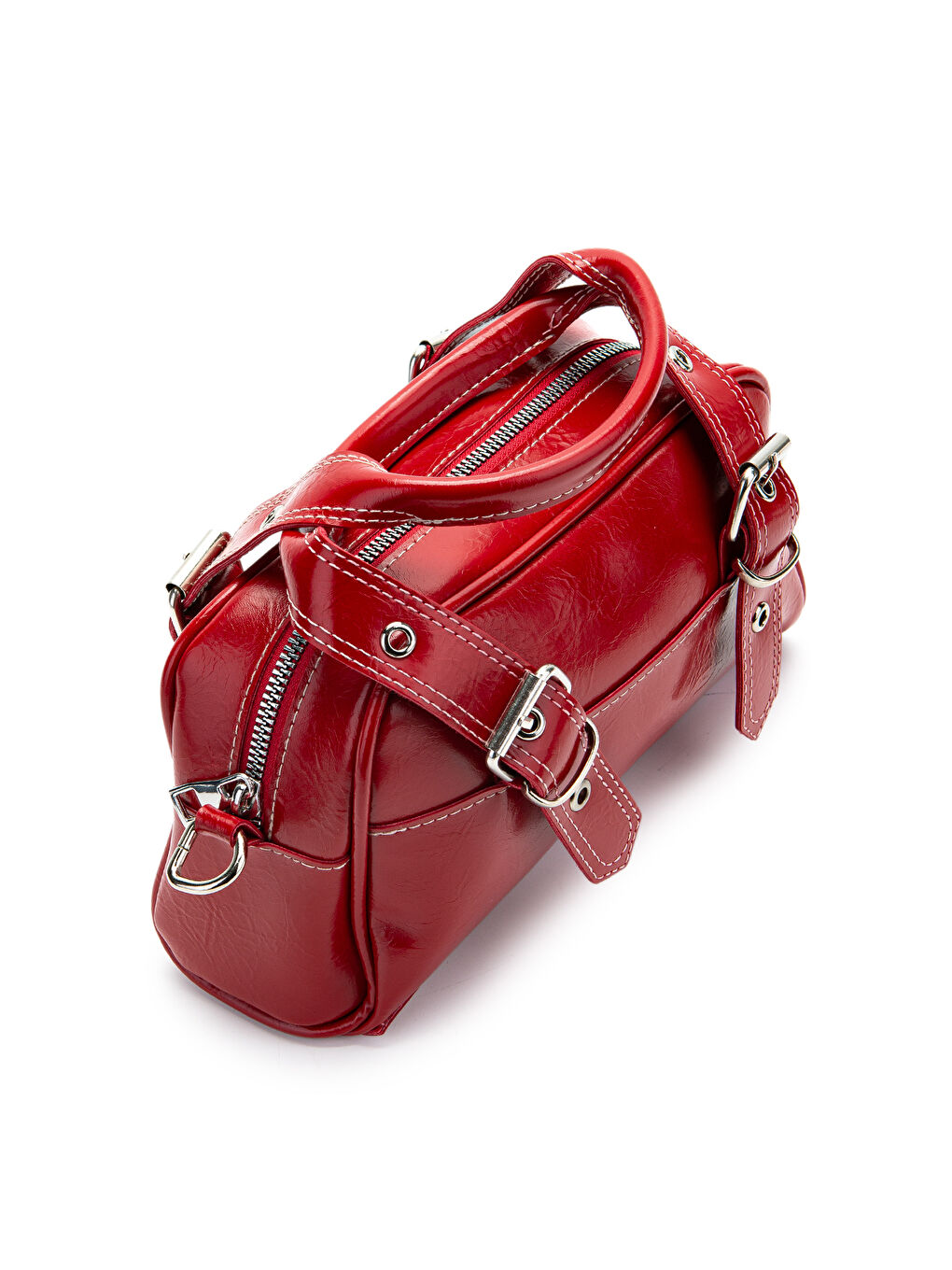 Çift Kemer Tokalı Ojos Kırmızı Suni Deri Kadın Çapraz Çanta-3