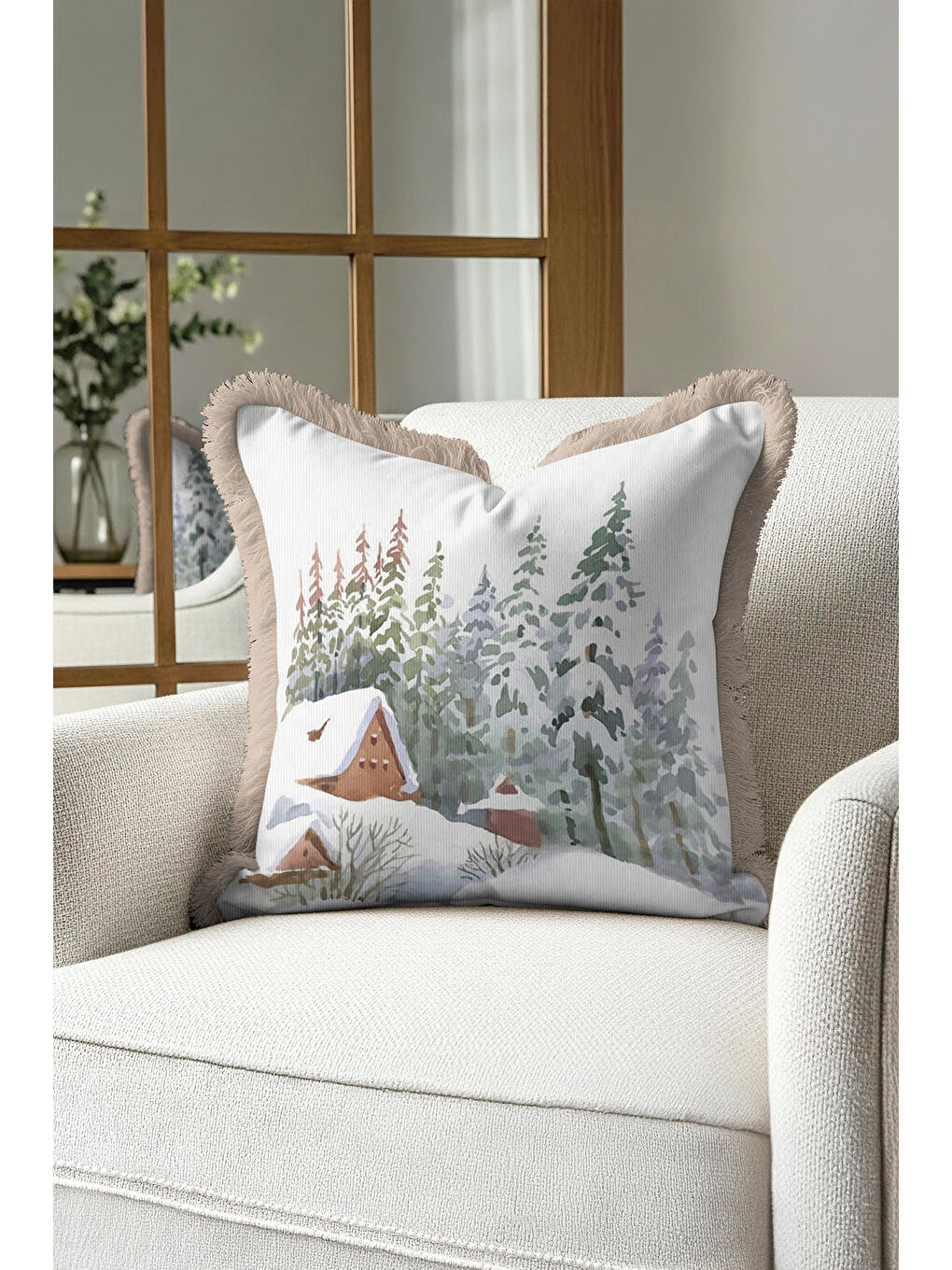 Karışık Kış Manzaralı Saçaklı Yastık Kılıfı - Doğal Kar Temalı Rustik Bej Püsküllü Kırlent Kılıfı-4