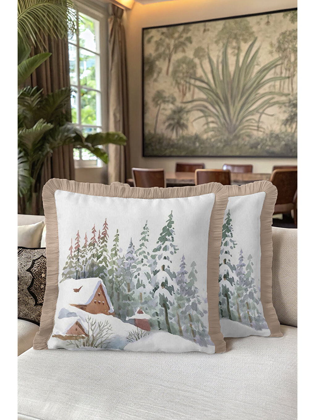 Karışık Kış Manzaralı Saçaklı Yastık Kılıfı - Doğal Kar Temalı Rustik Bej Püsküllü Kırlent Kılıfı-5