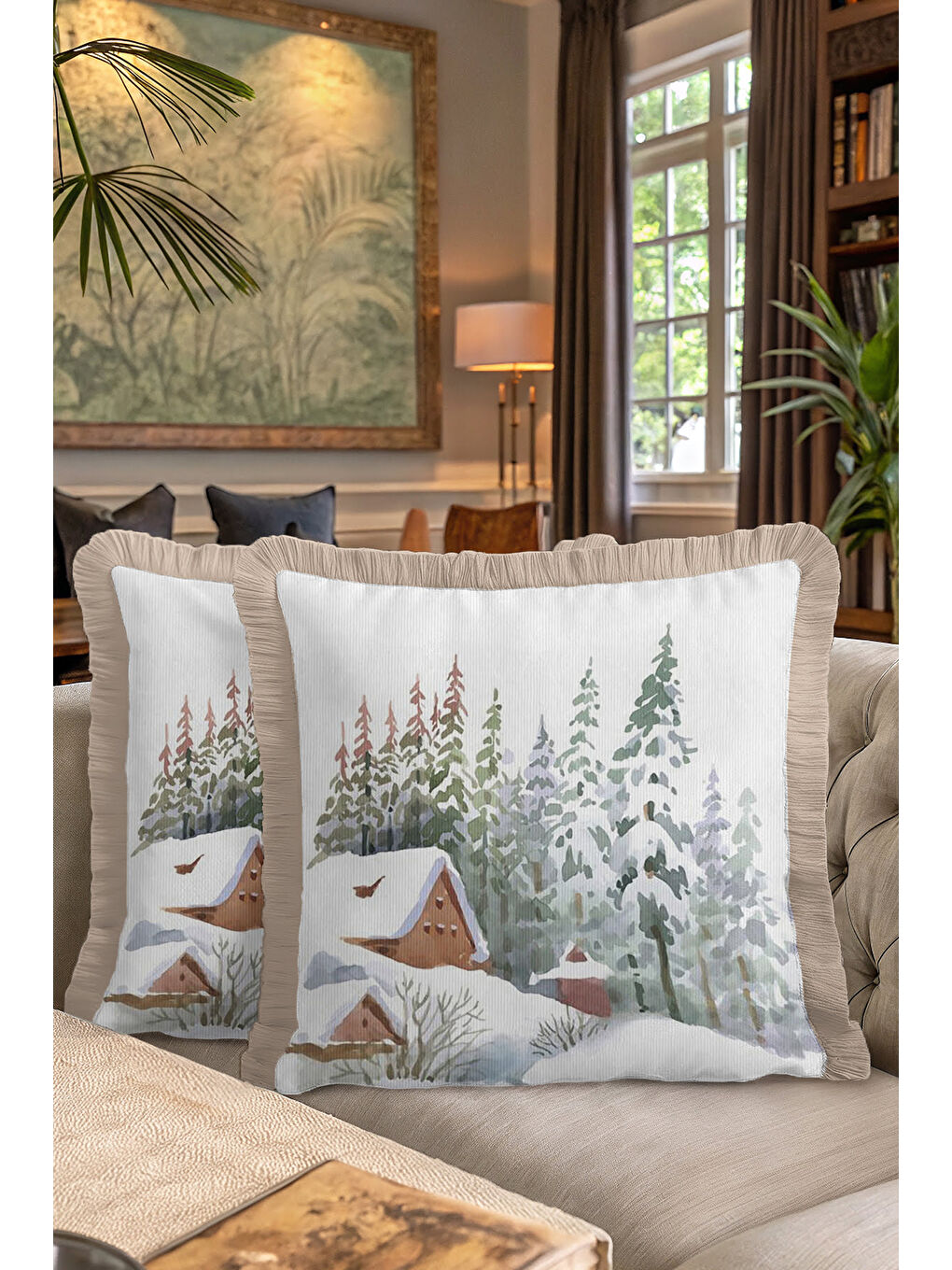 Karışık Kış Manzaralı Saçaklı Yastık Kılıfı - Doğal Kar Temalı Rustik Bej Püsküllü Kırlent Kılıfı-7