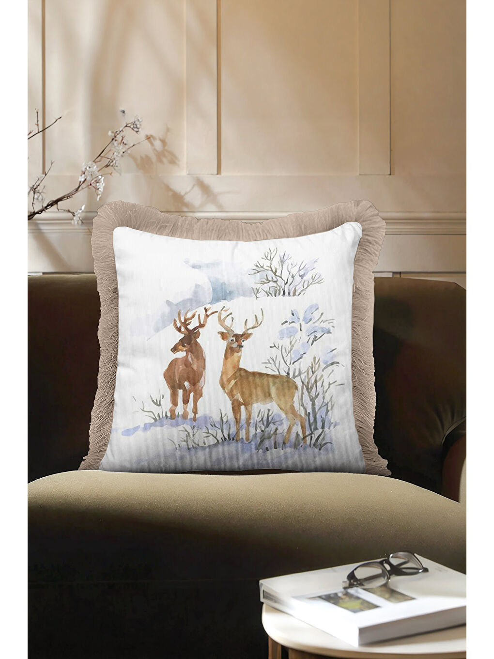 Karışık Doğal Vahşi Kış Manzarası Saçaklı Yastık Kılıfı - Kar Temalı Rustik Püsküllü Kırlent Kılıfı