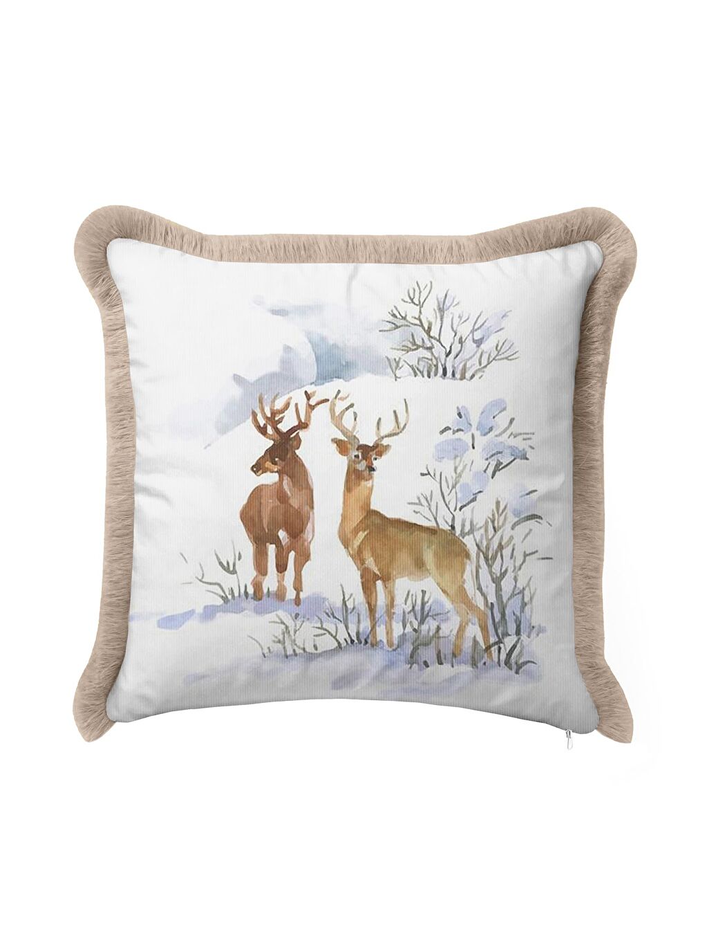 Karışık Doğal Vahşi Kış Manzarası Saçaklı Yastık Kılıfı - Kar Temalı Rustik Püsküllü Kırlent Kılıfı-1