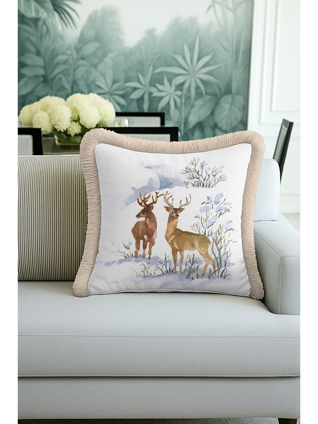 Karışık Doğal Vahşi Kış Manzarası Saçaklı Yastık Kılıfı - Kar Temalı Rustik Püsküllü Kırlent Kılıfı-2