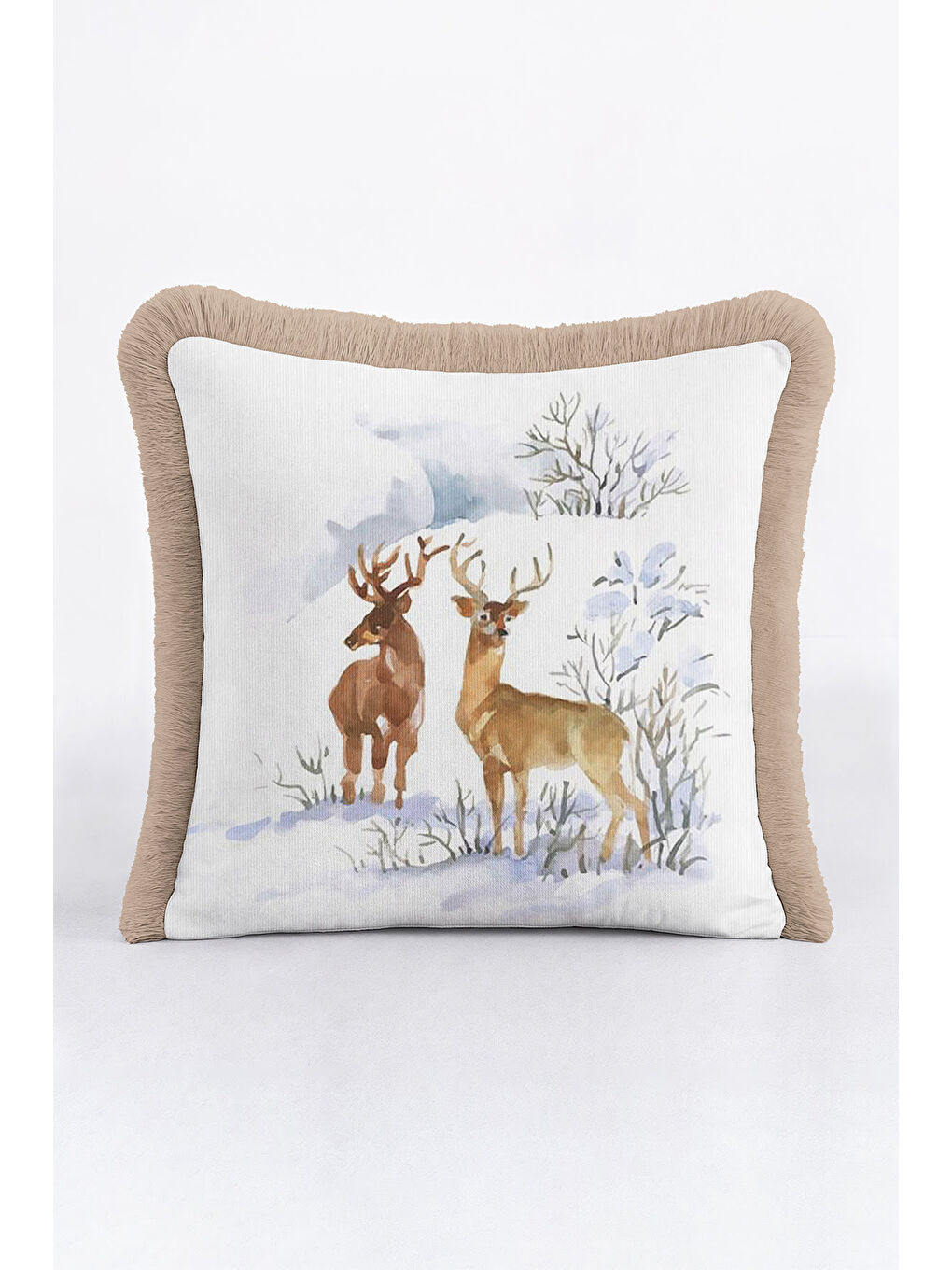 Karışık Doğal Vahşi Kış Manzarası Saçaklı Yastık Kılıfı - Kar Temalı Rustik Püsküllü Kırlent Kılıfı-3