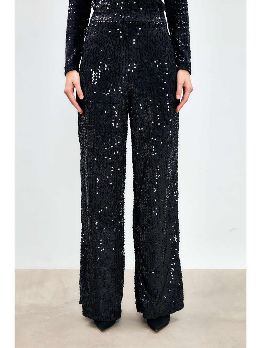Bol Paça Payetli Pantolon - Siyah-4