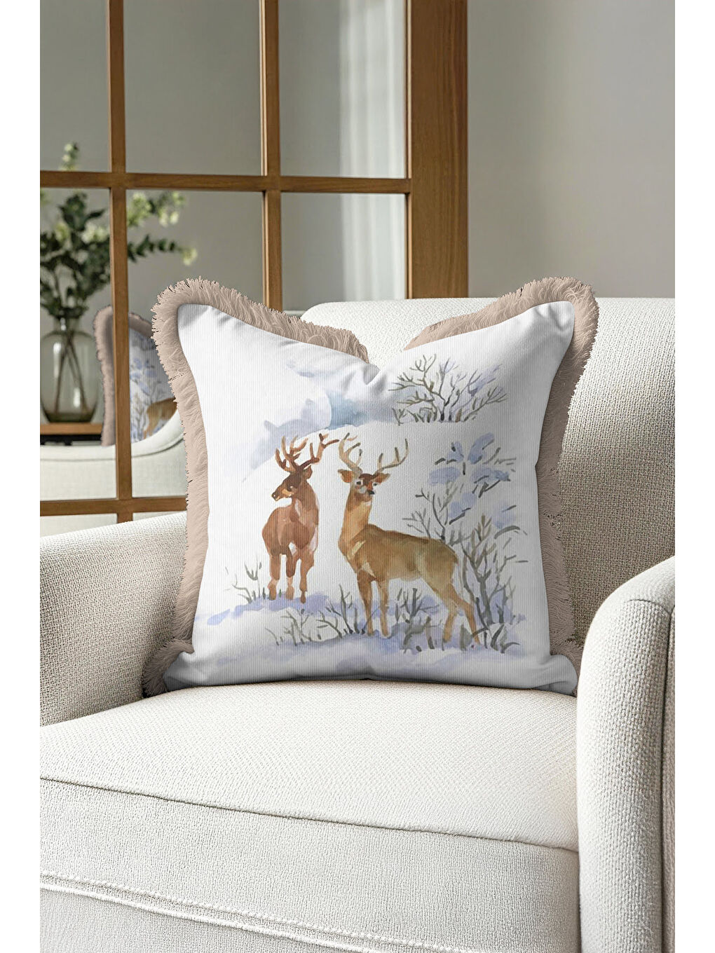 Karışık Doğal Vahşi Kış Manzarası Saçaklı Yastık Kılıfı - Kar Temalı Rustik Püsküllü Kırlent Kılıfı-4