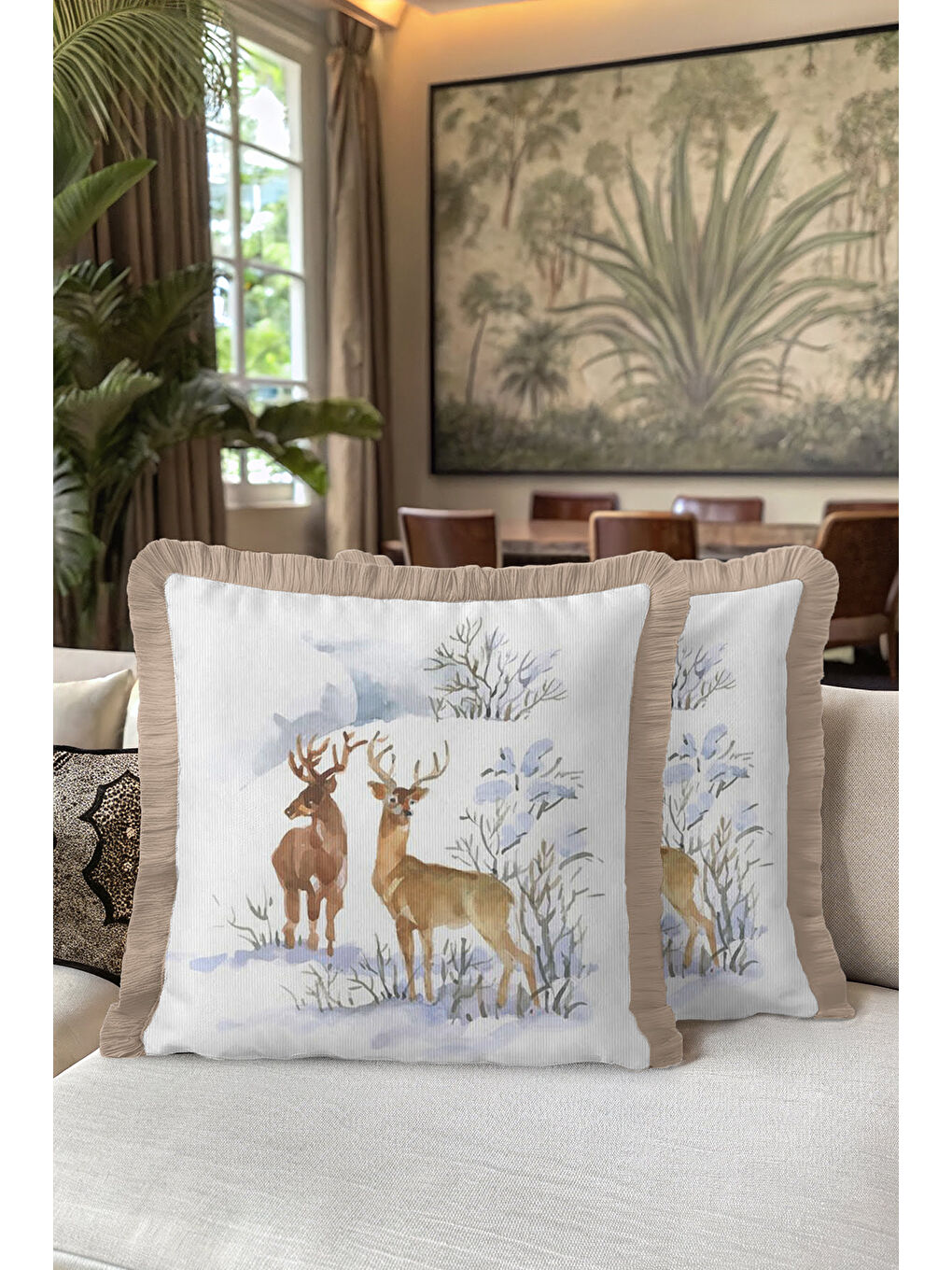 Karışık Doğal Vahşi Kış Manzarası Saçaklı Yastık Kılıfı - Kar Temalı Rustik Püsküllü Kırlent Kılıfı-5