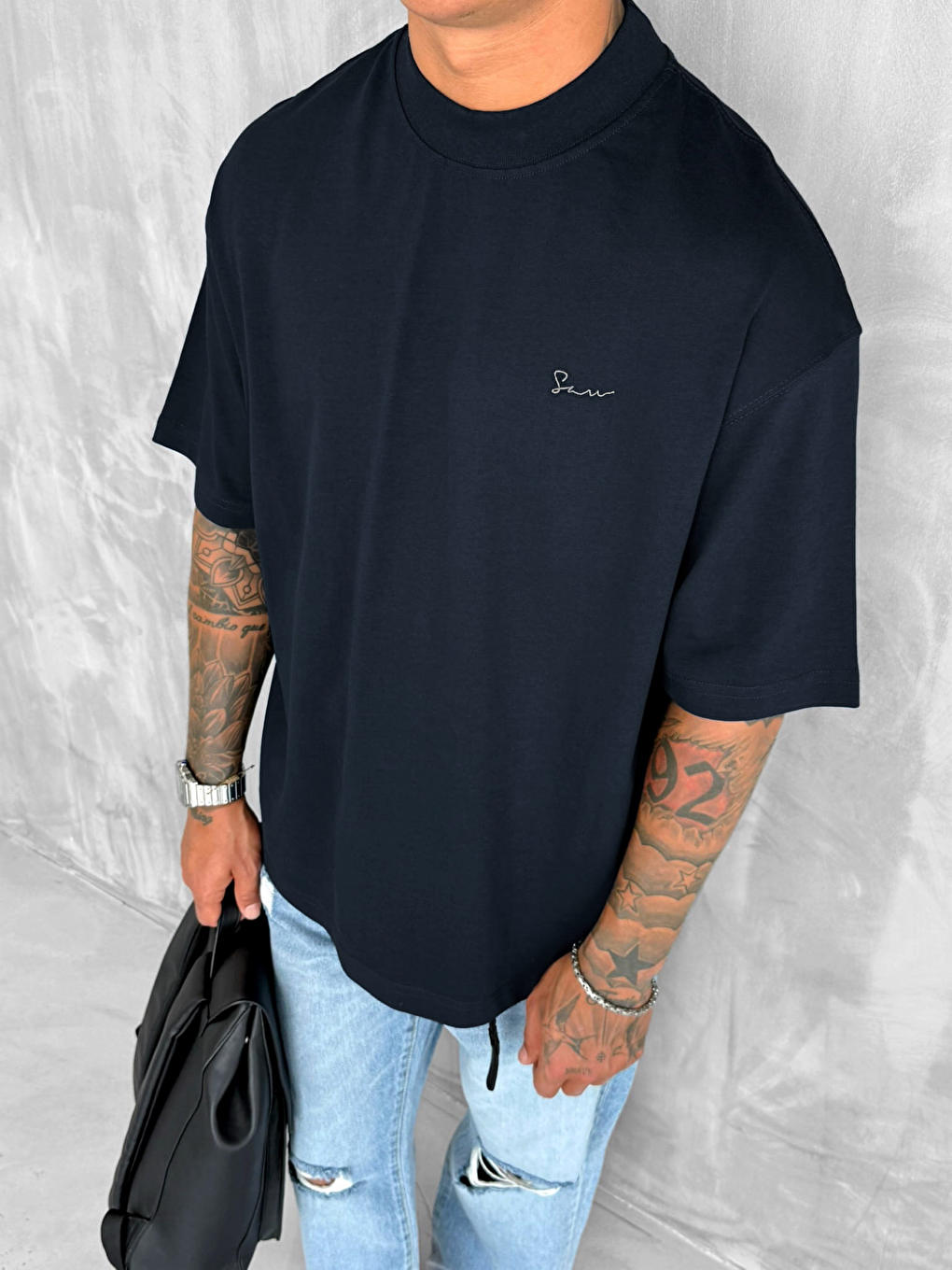 Erkek Sırtı Yamalı Oversize T-Shirt Lacivert-2