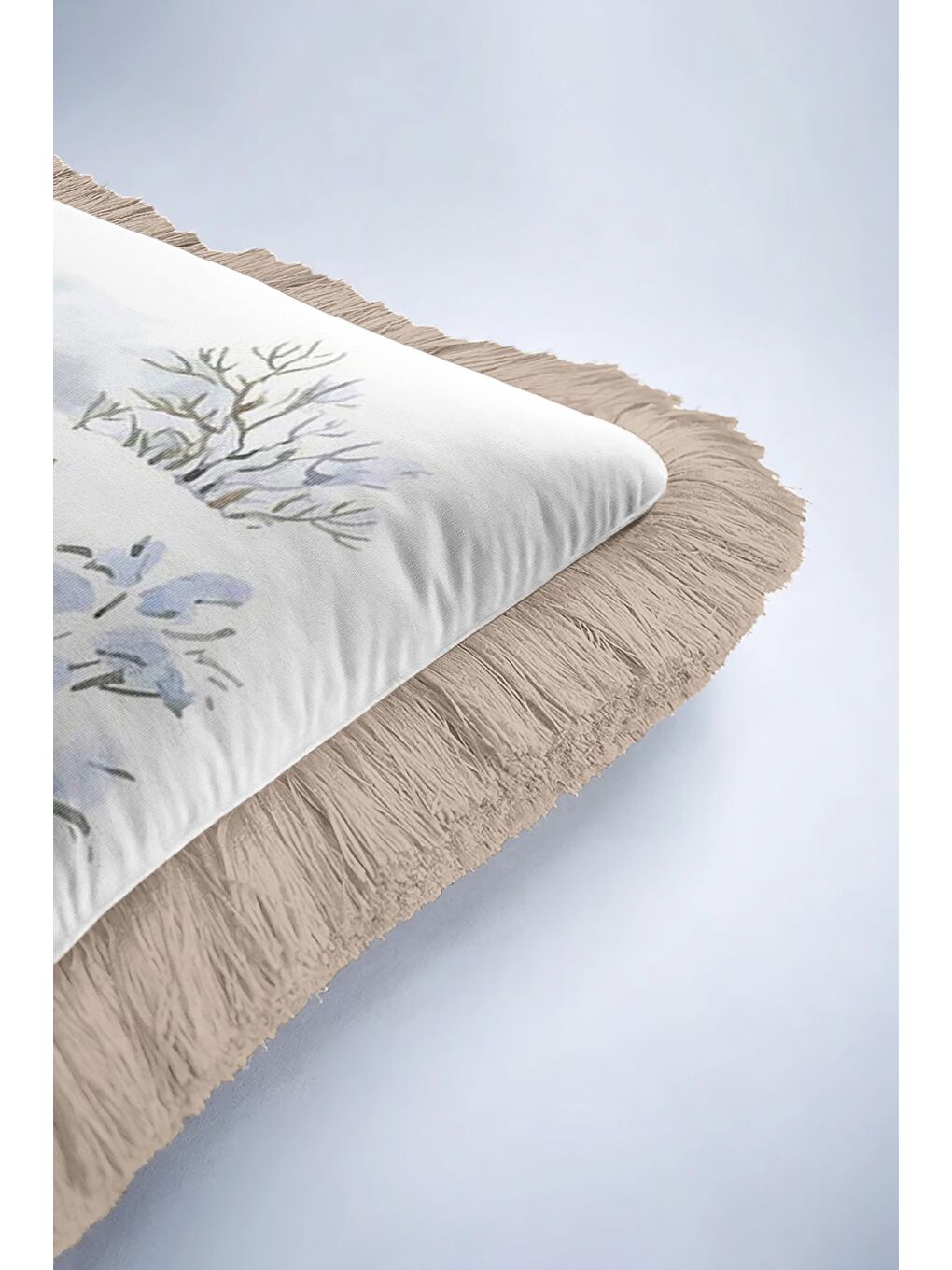 Karışık Doğal Vahşi Kış Manzarası Saçaklı Yastık Kılıfı - Kar Temalı Rustik Püsküllü Kırlent Kılıfı-6