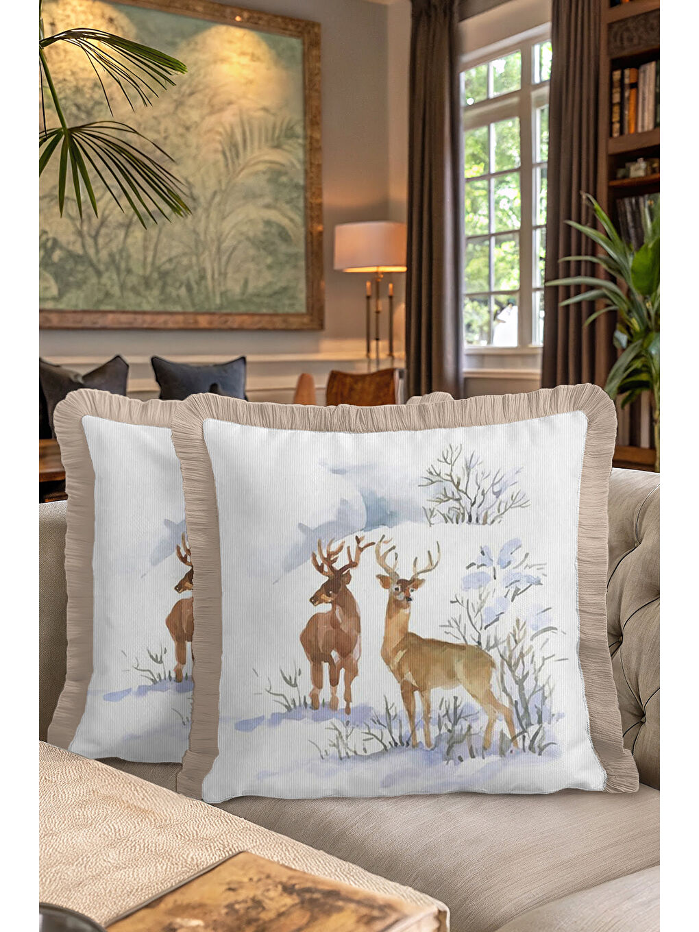 Karışık Doğal Vahşi Kış Manzarası Saçaklı Yastık Kılıfı - Kar Temalı Rustik Püsküllü Kırlent Kılıfı-7