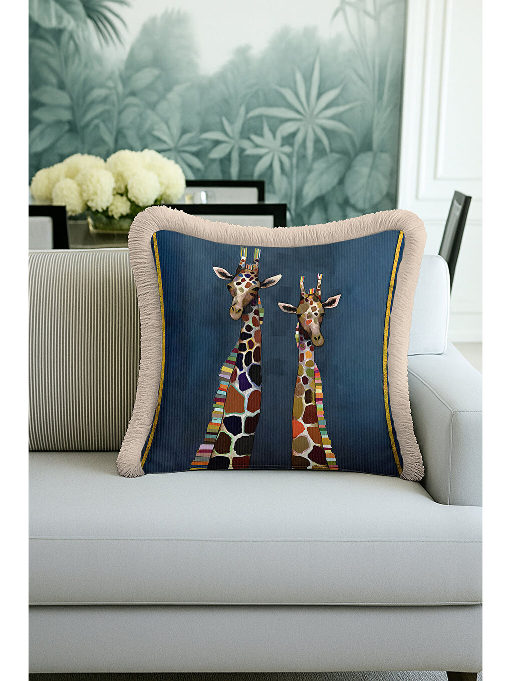 Karışık Sanatsal Jirafalı Saçaklı Yastık Kılıfı - Eğlenceli Safari Bohem Mavi Bej Püsküllü Kırlent Kılıfı