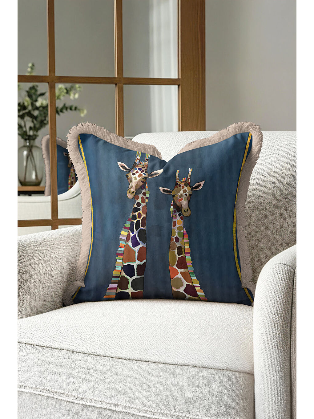 Karışık Sanatsal Jirafalı Saçaklı Yastık Kılıfı - Eğlenceli Safari Bohem Mavi Bej Püsküllü Kırlent Kılıfı-1