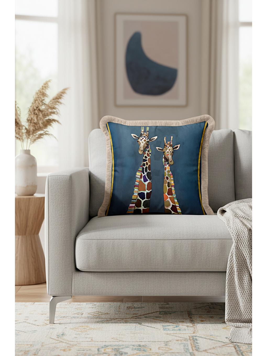 Karışık Sanatsal Jirafalı Saçaklı Yastık Kılıfı - Eğlenceli Safari Bohem Mavi Bej Püsküllü Kırlent Kılıfı-2