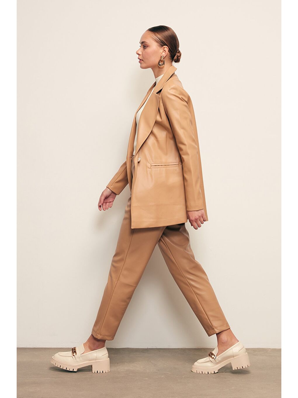 Pileli Deri Pantolon - Bej-1