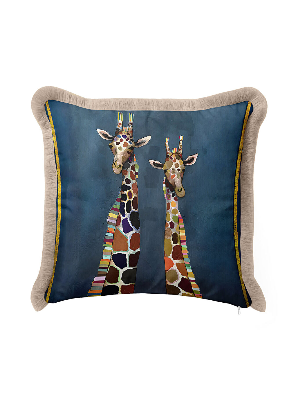 Karışık Sanatsal Jirafalı Saçaklı Yastık Kılıfı - Eğlenceli Safari Bohem Mavi Bej Püsküllü Kırlent Kılıfı-3