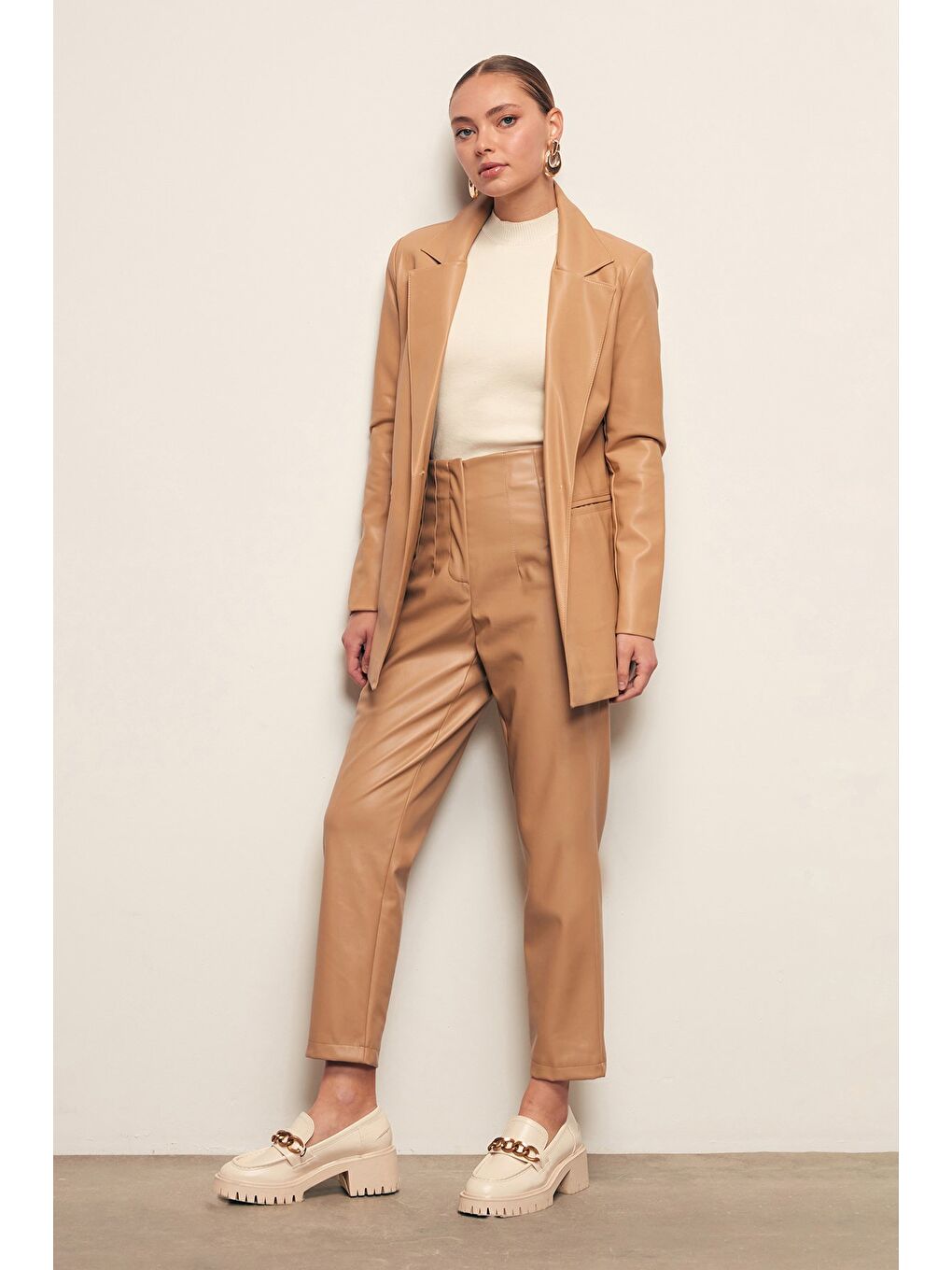 Pileli Deri Pantolon - Bej-2