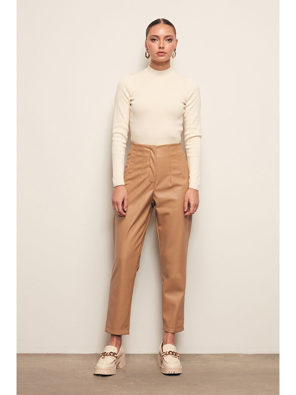 Pileli Deri Pantolon - Bej-3
