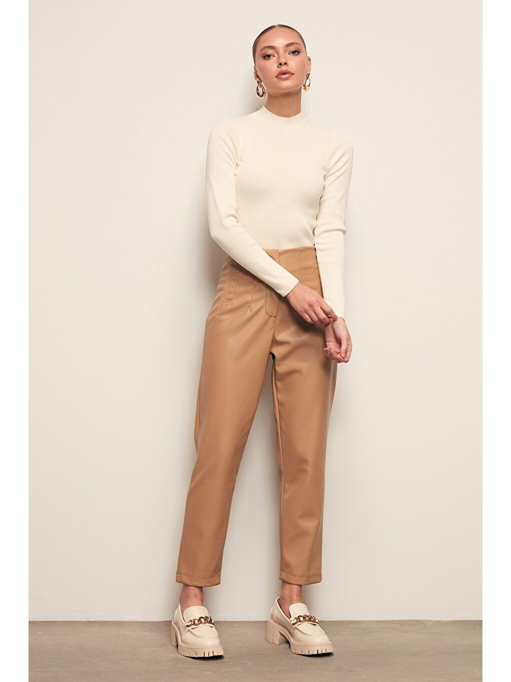 Pileli Deri Pantolon - Bej-4