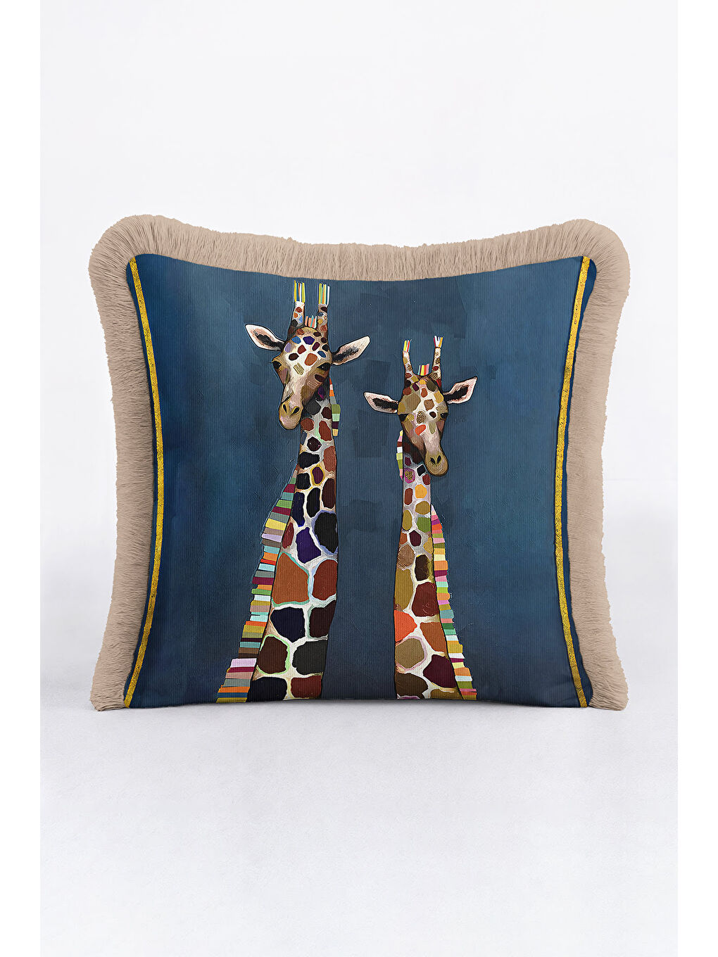 Karışık Sanatsal Jirafalı Saçaklı Yastık Kılıfı - Eğlenceli Safari Bohem Mavi Bej Püsküllü Kırlent Kılıfı-4