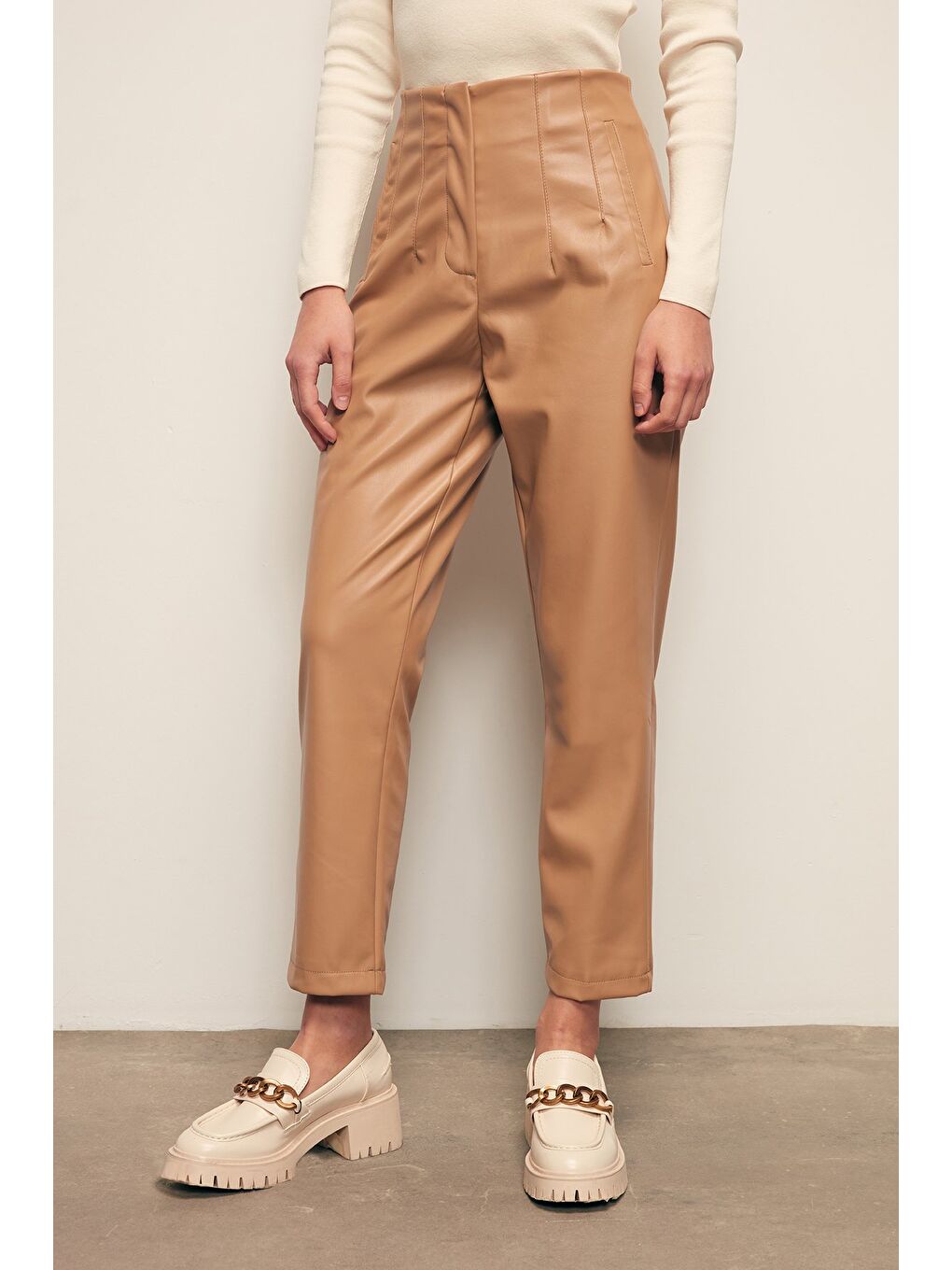 Pileli Deri Pantolon - Bej-6