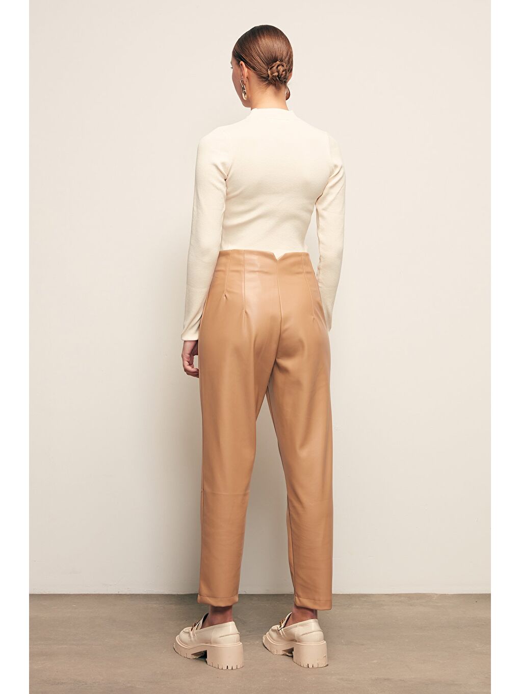 Pileli Deri Pantolon - Bej-7