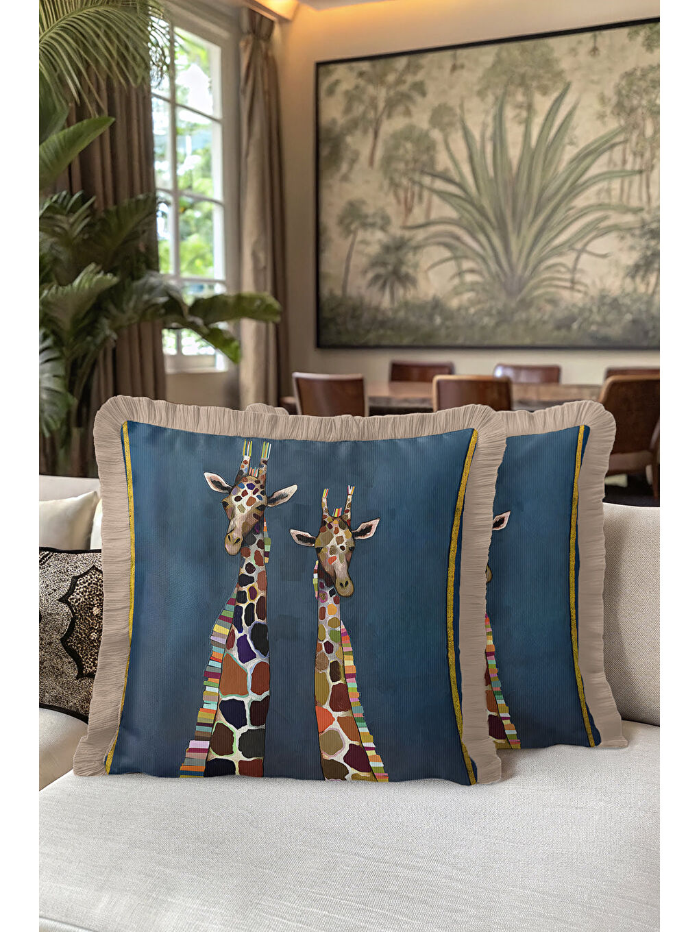 Karışık Sanatsal Jirafalı Saçaklı Yastık Kılıfı - Eğlenceli Safari Bohem Mavi Bej Püsküllü Kırlent Kılıfı-5