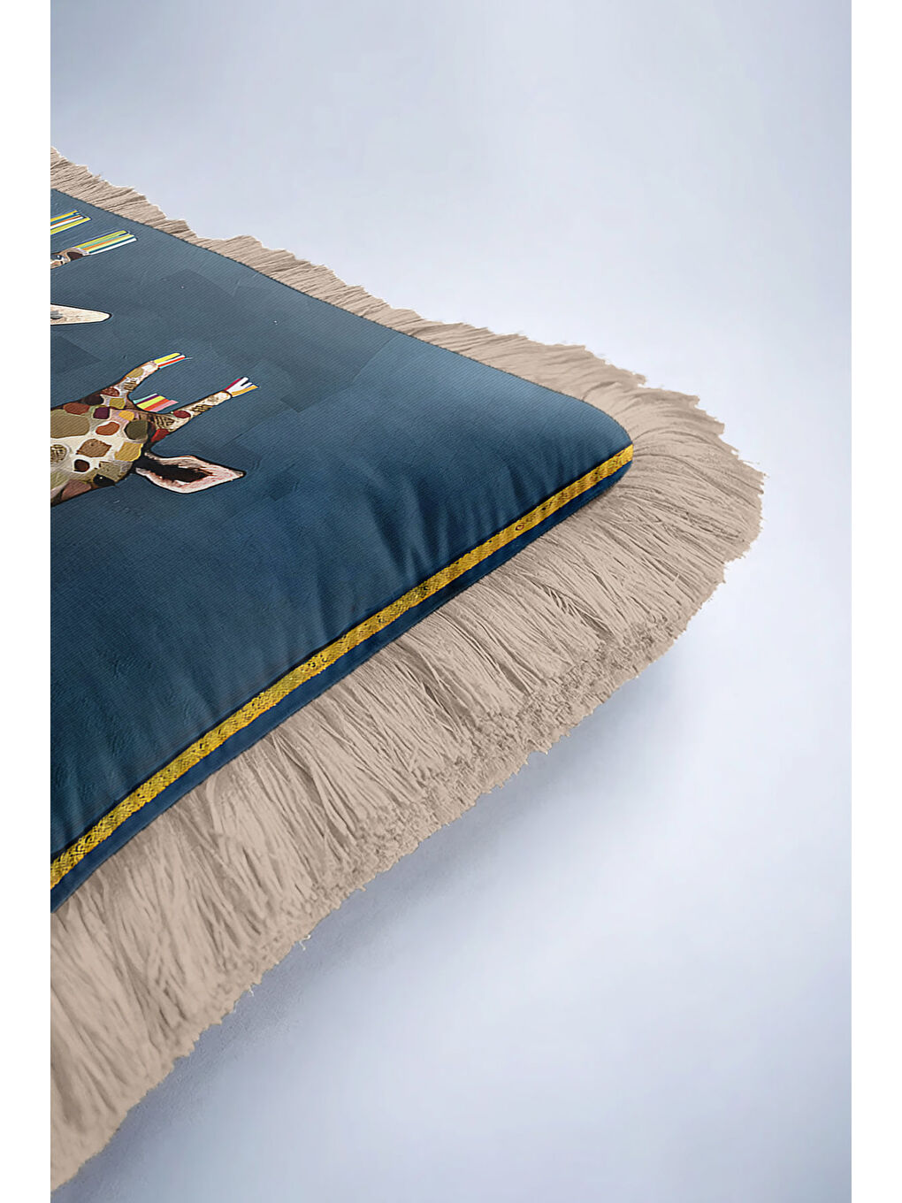 Karışık Sanatsal Jirafalı Saçaklı Yastık Kılıfı - Eğlenceli Safari Bohem Mavi Bej Püsküllü Kırlent Kılıfı-6