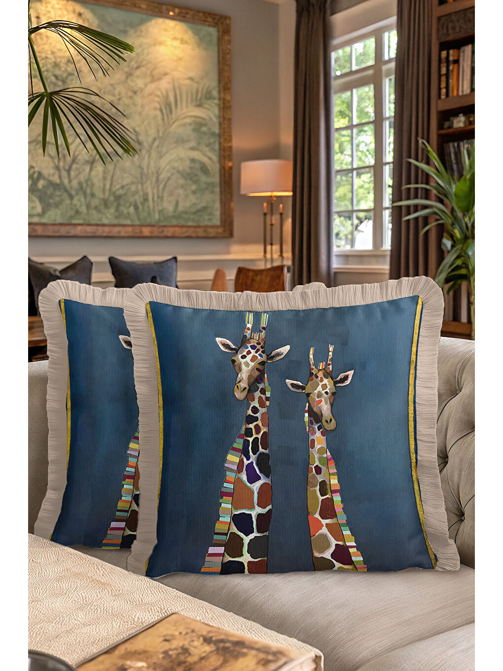 Karışık Sanatsal Jirafalı Saçaklı Yastık Kılıfı - Eğlenceli Safari Bohem Mavi Bej Püsküllü Kırlent Kılıfı-7
