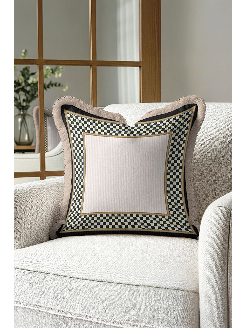 Karışık Zarif Kareli Saçaklı Yastık Kılıfı - Lüks Klasik Modern Siyah Krem Gold Renk Püsküllü Kırlent Kılıfı