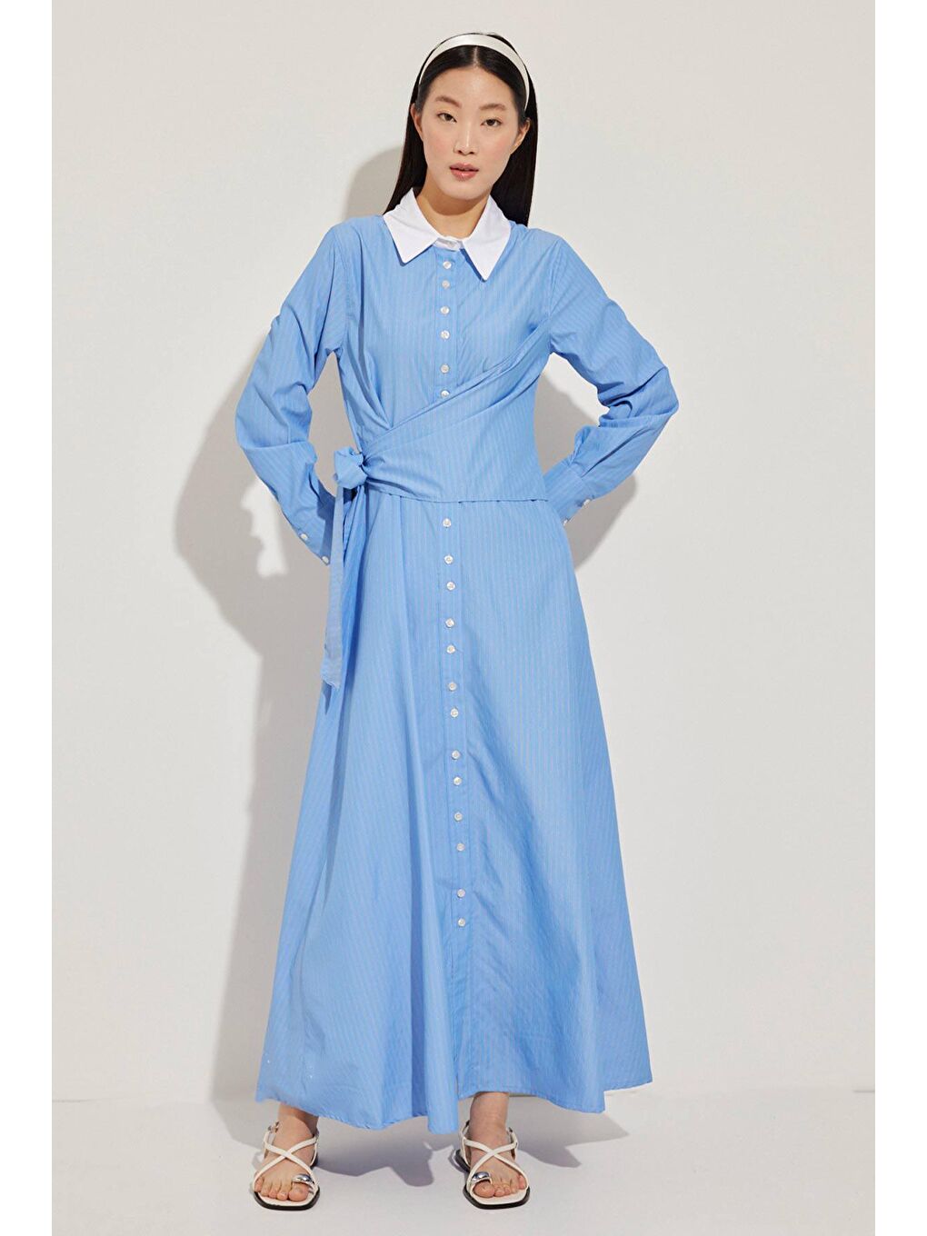 Verev Kapama Çizgili Poplin Elbise - Koyu Mavi-1