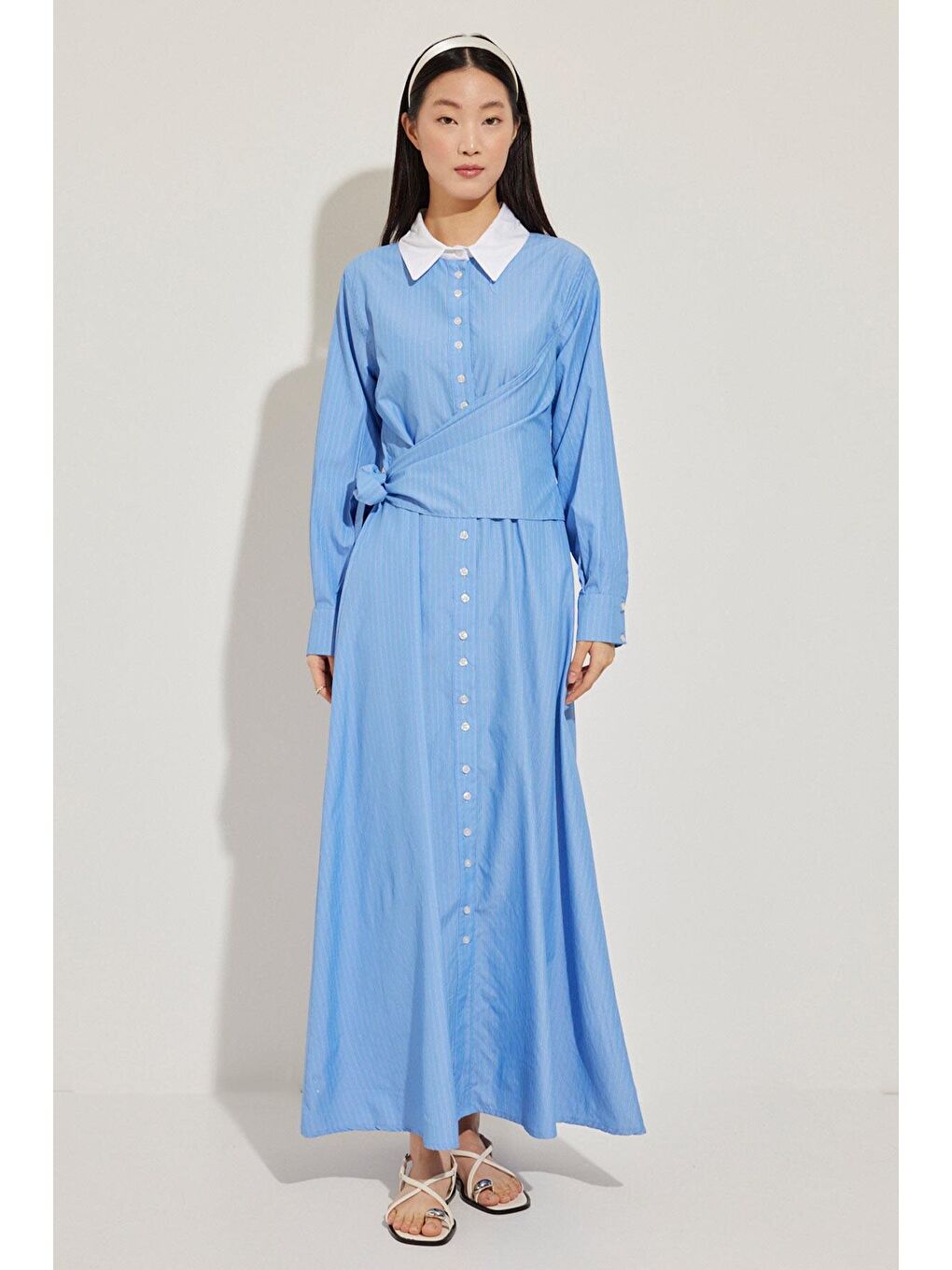 Verev Kapama Çizgili Poplin Elbise - Koyu Mavi-2