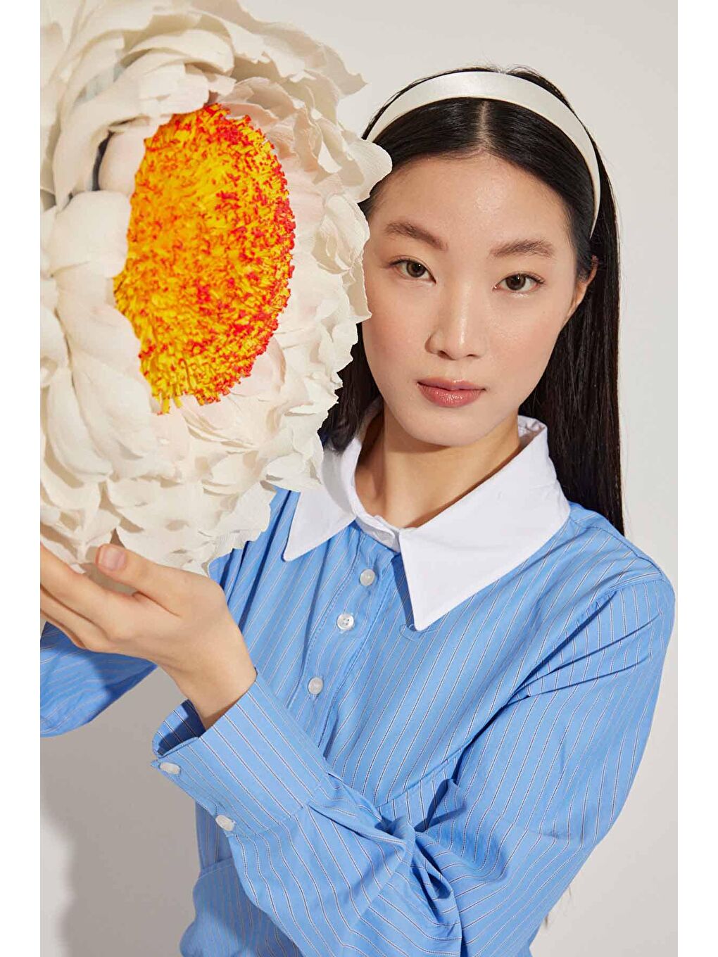 Verev Kapama Çizgili Poplin Elbise - Koyu Mavi-3