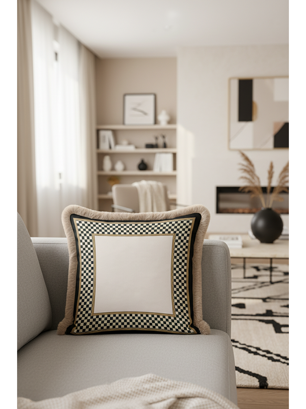 Karışık Zarif Kareli Saçaklı Yastık Kılıfı - Lüks Klasik Modern Siyah Krem Gold Renk Püsküllü Kırlent Kılıfı-1