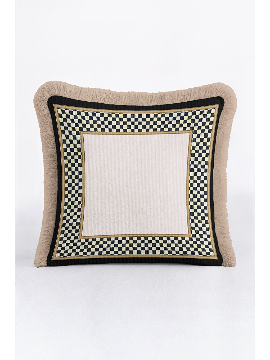 Karışık Zarif Kareli Saçaklı Yastık Kılıfı - Lüks Klasik Modern Siyah Krem Gold Renk Püsküllü Kırlent Kılıfı-2