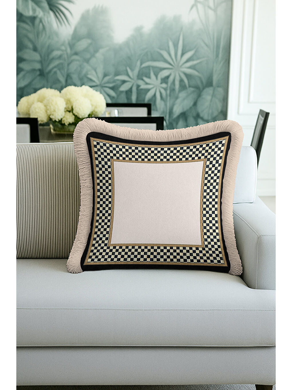 Karışık Zarif Kareli Saçaklı Yastık Kılıfı - Lüks Klasik Modern Siyah Krem Gold Renk Püsküllü Kırlent Kılıfı-4