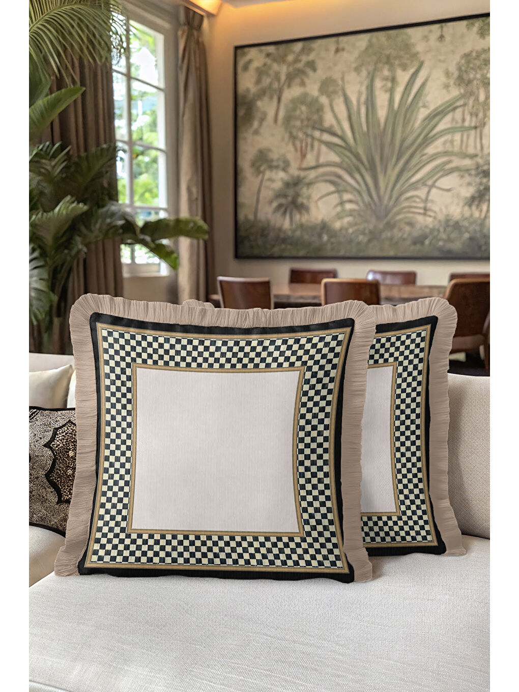 Karışık Zarif Kareli Saçaklı Yastık Kılıfı - Lüks Klasik Modern Siyah Krem Gold Renk Püsküllü Kırlent Kılıfı-5