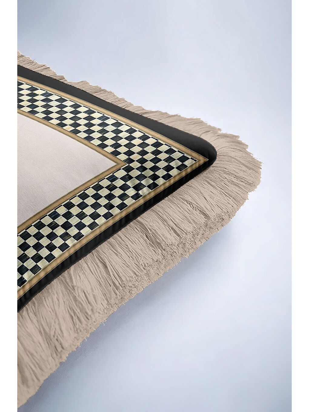 Karışık Zarif Kareli Saçaklı Yastık Kılıfı - Lüks Klasik Modern Siyah Krem Gold Renk Püsküllü Kırlent Kılıfı-6