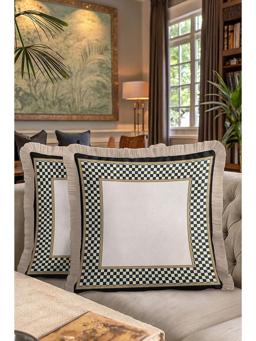 Karışık Zarif Kareli Saçaklı Yastık Kılıfı - Lüks Klasik Modern Siyah Krem Gold Renk Püsküllü Kırlent Kılıfı-7