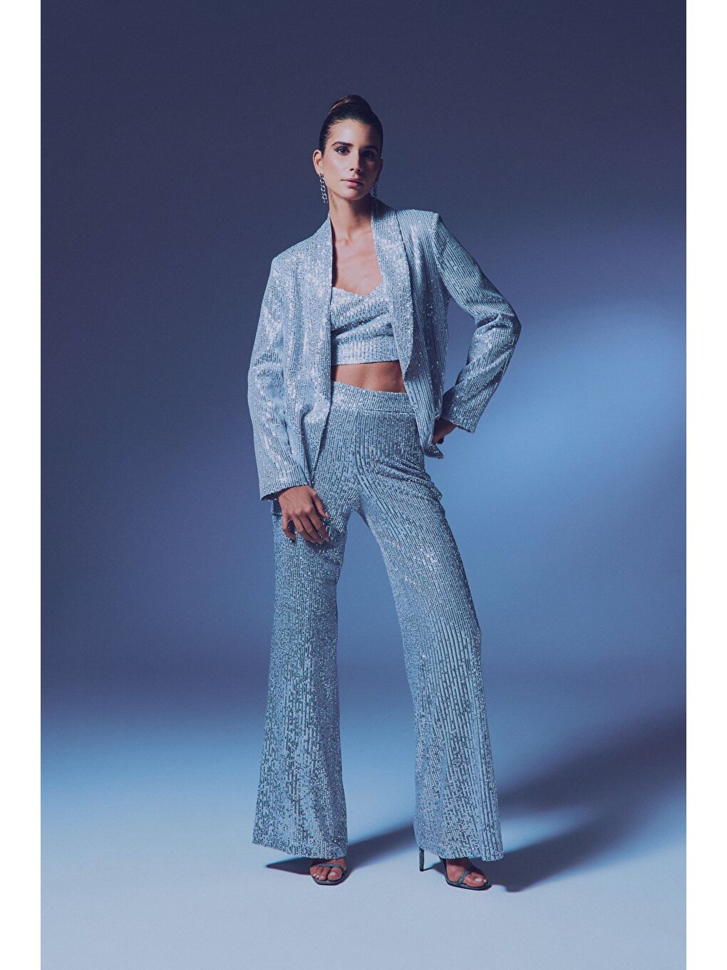 Gri Payetli Salaş Pantolon - Gümüş-1