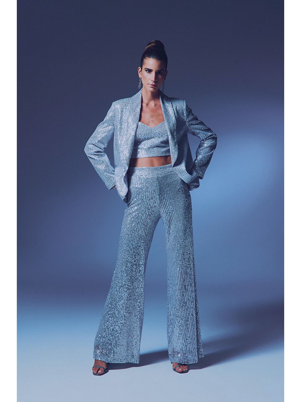 Gri Payetli Salaş Pantolon - Gümüş-2