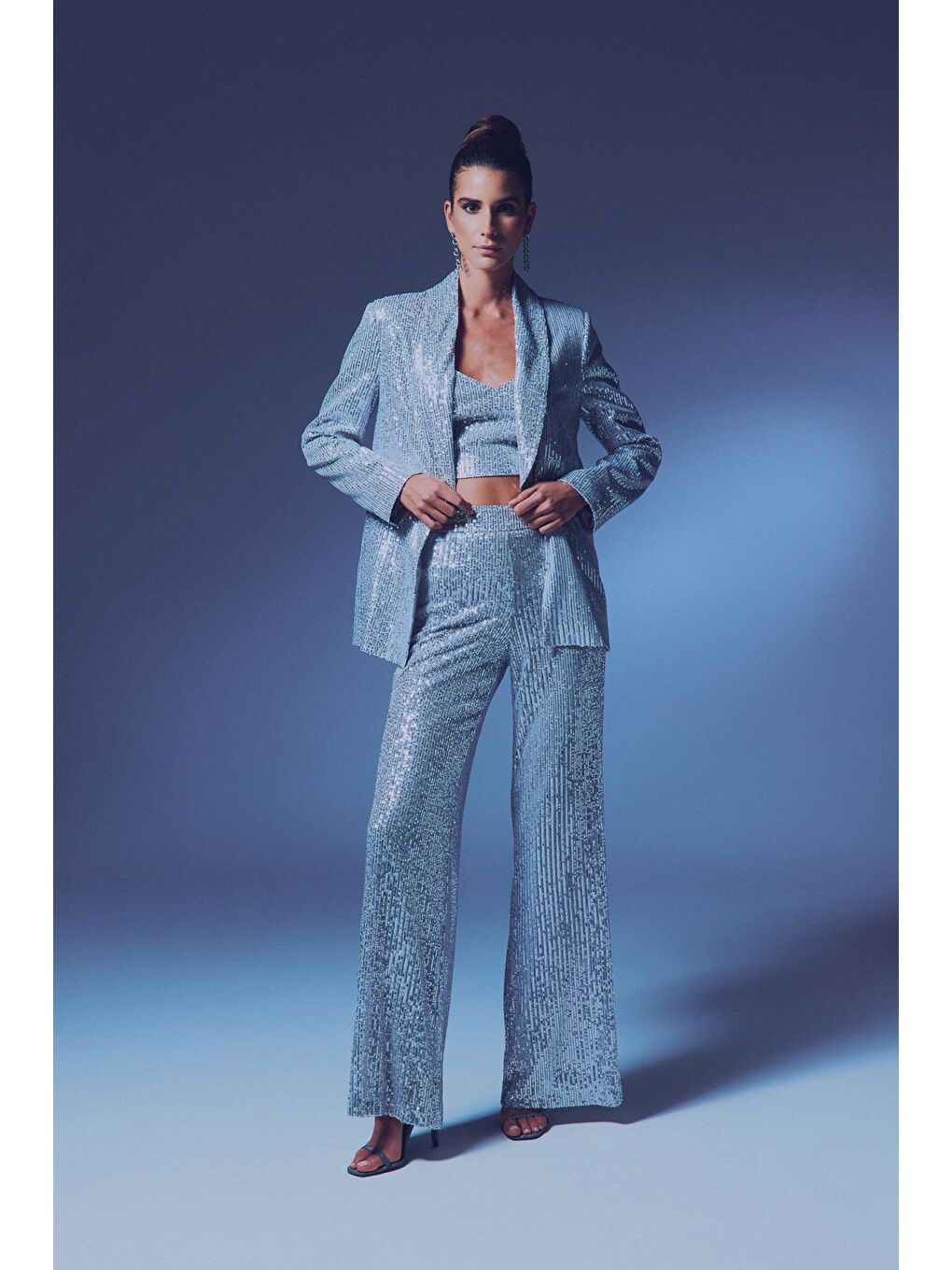 Gri Payetli Salaş Pantolon - Gümüş-3