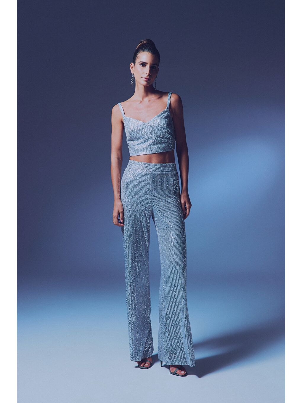 Gri Payetli Salaş Pantolon - Gümüş-4