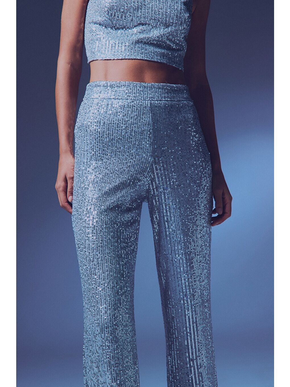 Gri Payetli Salaş Pantolon - Gümüş-6