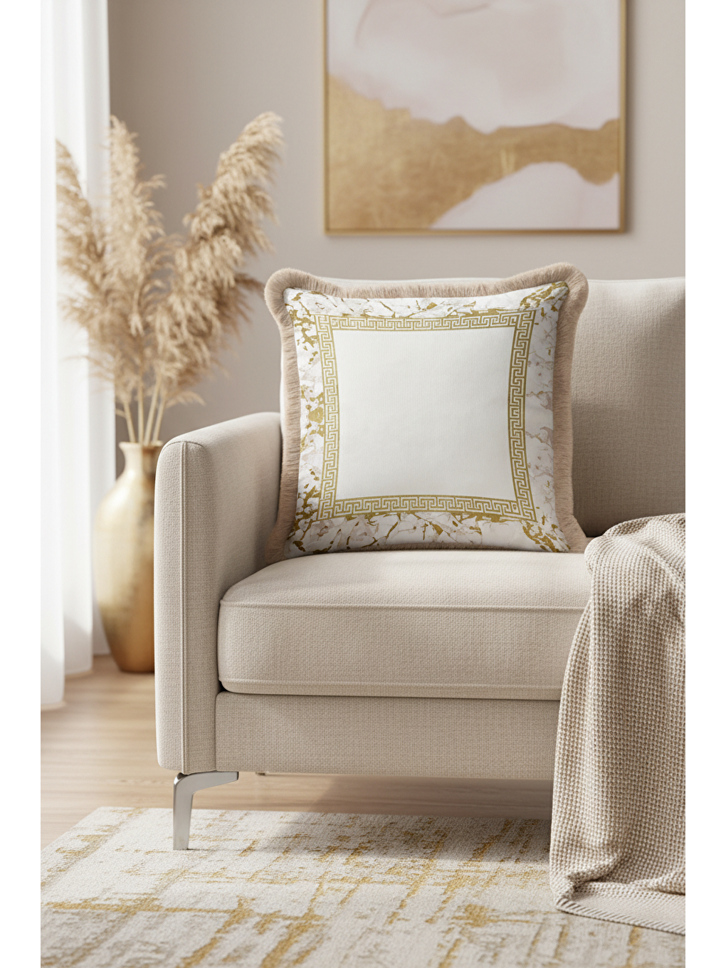 Karışık Lüks Mermer Çerçeveli Saçaklı Yastık Kılıfı - Klasik Country Altın Renkli Püsküllü Kırlent Kılıfı-4