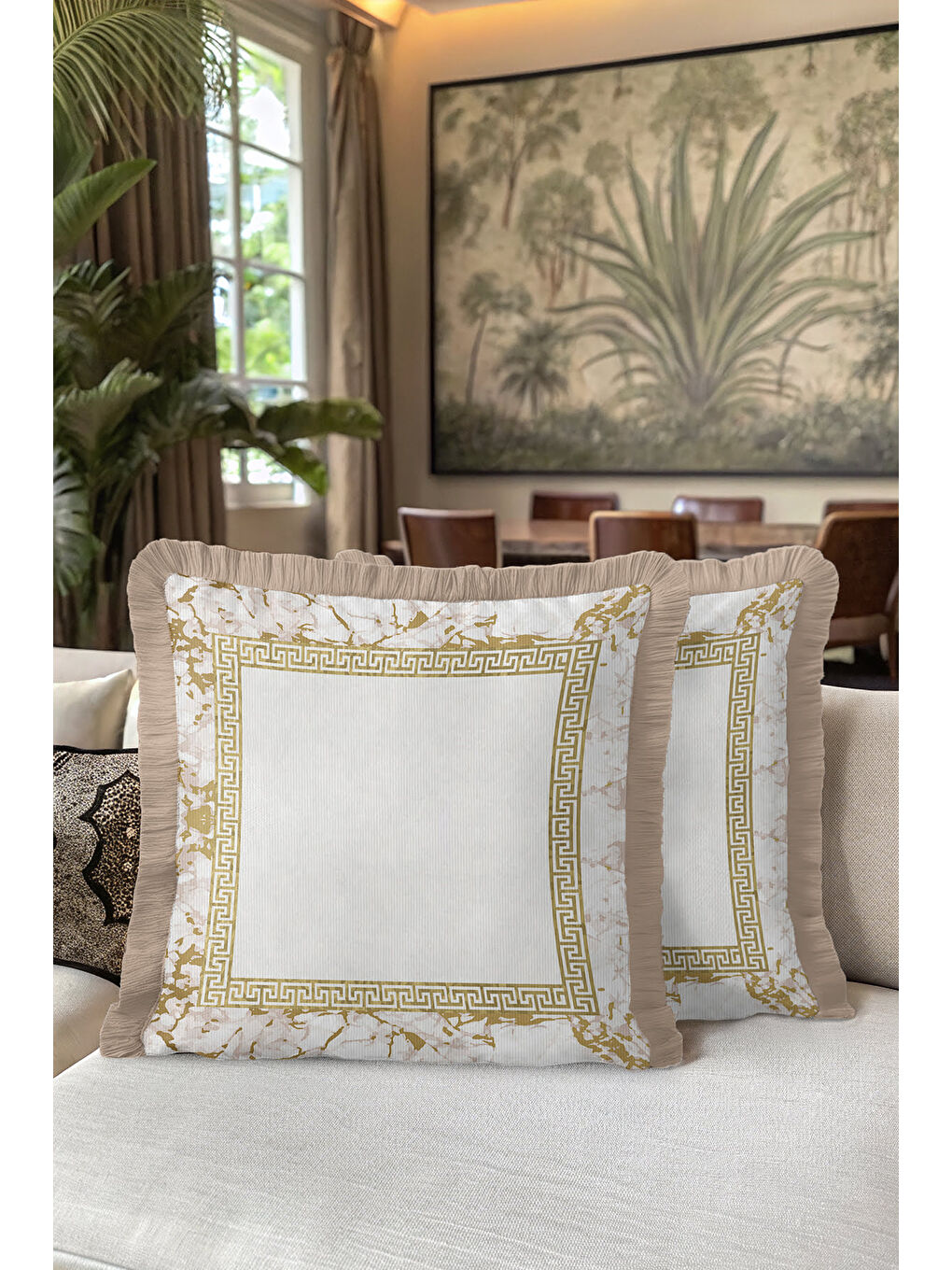 Karışık Lüks Mermer Çerçeveli Saçaklı Yastık Kılıfı - Klasik Country Altın Renkli Püsküllü Kırlent Kılıfı-5