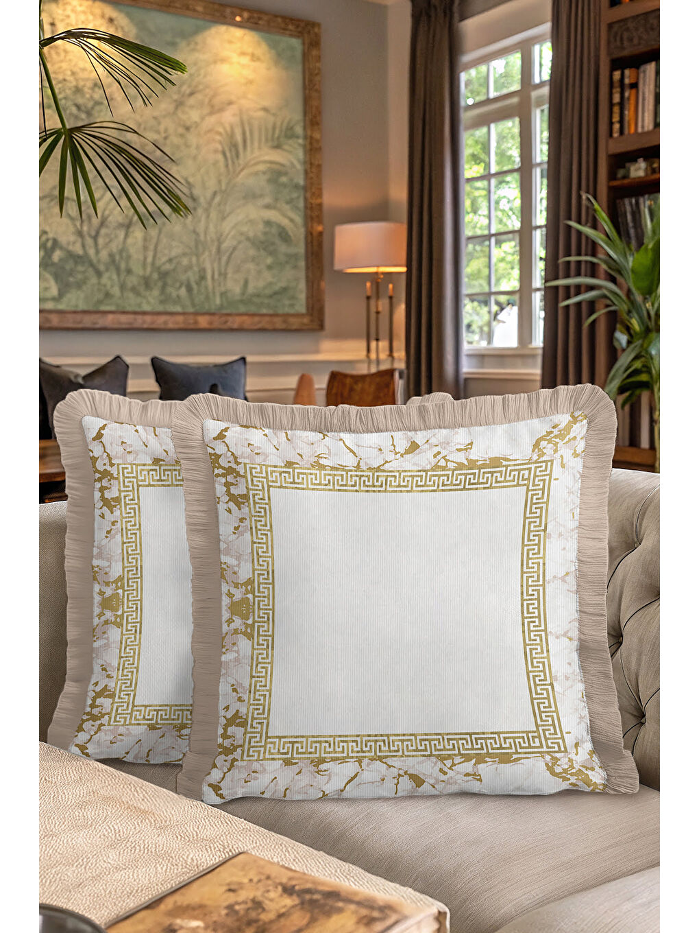 Karışık Lüks Mermer Çerçeveli Saçaklı Yastık Kılıfı - Klasik Country Altın Renkli Püsküllü Kırlent Kılıfı-7