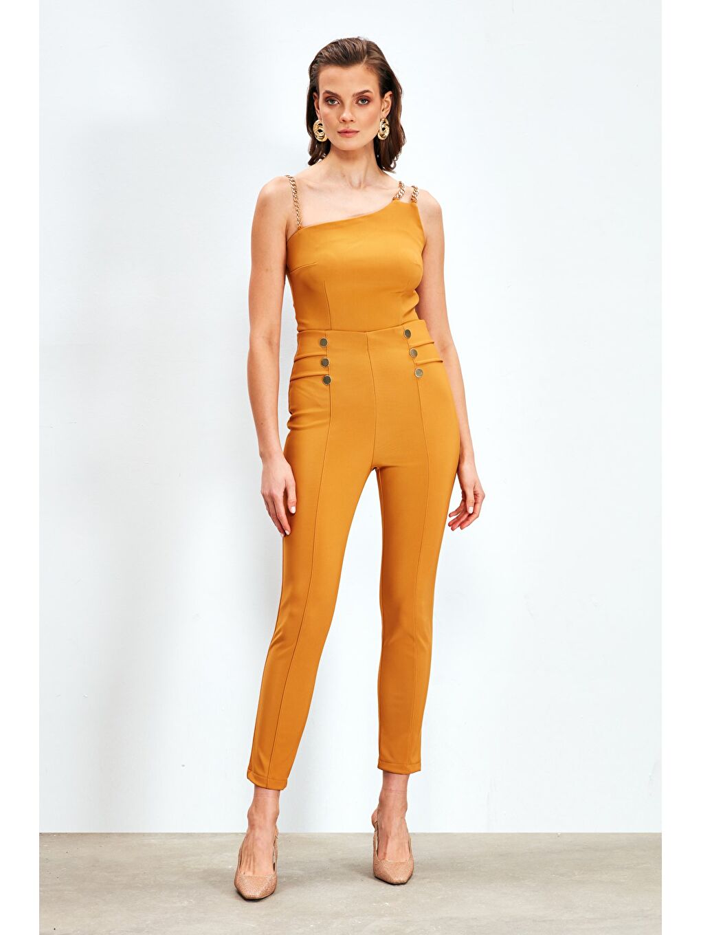 Sarı Düğme Detaylı Pantolon - Hardal